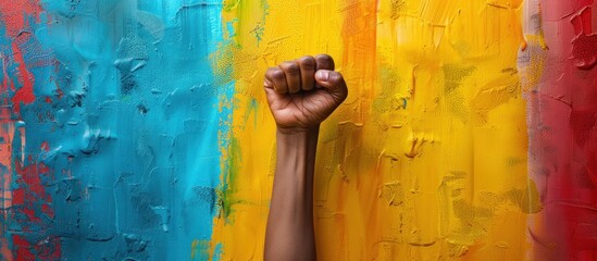 Painting portraying an African American persons arm with a clenched fist, set against a vibrant and dark wall.