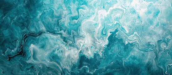 Marbling background with paint swirls in beautiful teal, blue, and white colors. - obrazy, fototapety, plakaty
