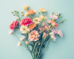 Flat lay creative illustration concept of a spring field bouquet on a pastel blue background....