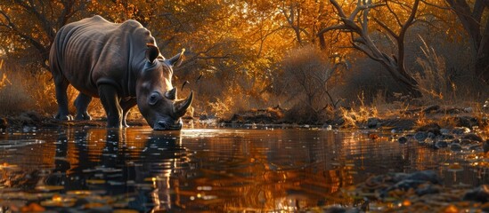 A rhino is quenching its thirst by drinking water from a river surrounded by trees. - obrazy, fototapety, plakaty