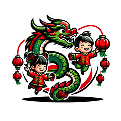 dragon and children Chinese New Year logo cartoon, illustrator