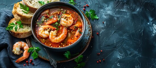 A bowl of soup containing shrimp, served with fresh bread on a dark background.