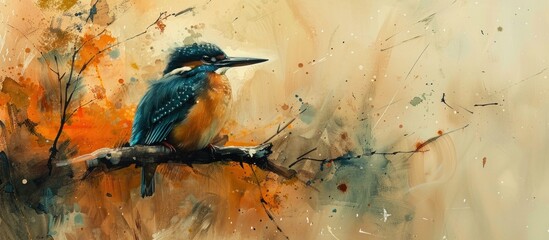 Fototapeta premium A painting of a vibrant kingfisher bird perched gracefully on a branch in a natural setting.