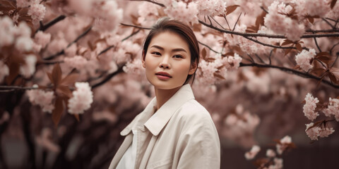 Portrait of beautiful asian woman in white coat in spring blooming garden. Girl and Sakura
