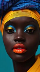 An African woman with striking bright blue and yellow makeup, showcasing a bold and colorful look.