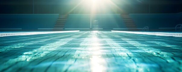 Exquisite swimming pool glistens under the sun inviting athletes to dive in. Concept Summer, Swimming, Athletes, Pool, Glistening - obrazy, fototapety, plakaty