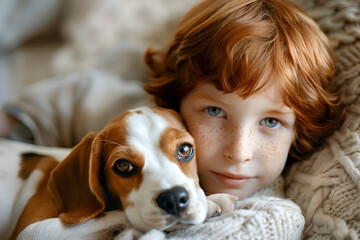 red haired small boy with beagle puppy dog at home. pet love concept