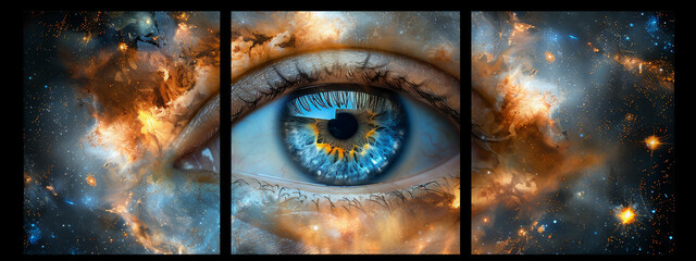 Closeup of Phoenix eye gazing through cosmic rays fantasy world reflections watercolor depth