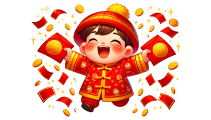 child dressed in traditional Chinese attire, celebrating what appears to be the chinese New Year
