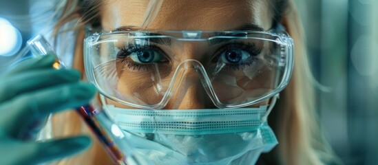 A focused female scientist wearing a mask and goggles.