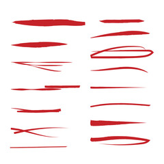 Red set of strokes, brush, underline, notes isolated on white background