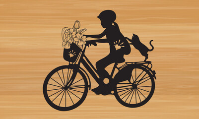 Obraz premium Cat Little Girl on Bicycle Flower Metal ,flower metal wall art