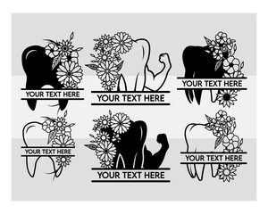 Floral And Tooth Monogram SVG, Tooth, Human Teeth, Dental Svg, Wisdom Teeth Svg, Tooth Decay Svg, Teeth Svg, Flower Svg, Teeth Silhouette, Dentist, Split Monogram