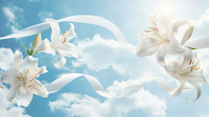 Fototapeta na wymiar white flowers lilies with white silk ribbon on blue sky background