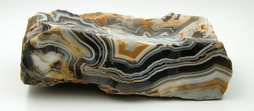 A piece of rock, striped flint, lies on a white surface. The rock displays light and dark streaks that resemble flowing water, adding a unique contrast to the minimalist background.