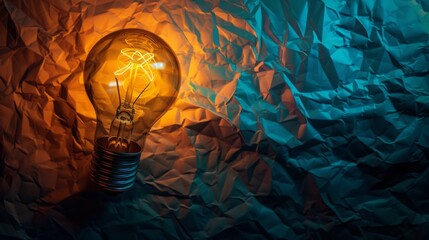 glowing incandescent light bulb set against a textured background of crumpled paper. solution...