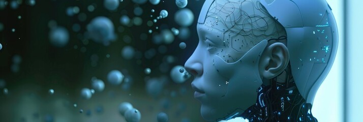 Abstract artificial intelligence concept image - Ethereal visual metaphor of AI with a humanoid form merging with digital elements, highlighting the blending of humans and technology