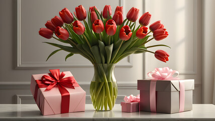 luxurious bouquet of tulips in a vase and gift boxes. holiday concept.