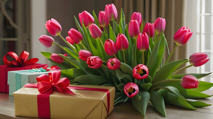 Fototapeta premium luxurious bouquet of tulips and gift boxes. holiday concept.