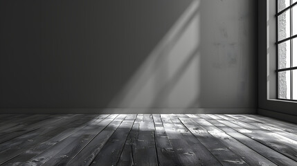 A dark room with a wooden floor and sunlight shining through a window.