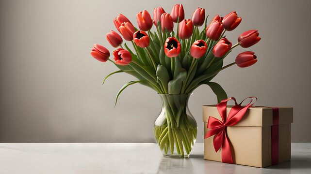 luxurious bouquet of tulips in a vase and gift boxes. holiday concept.