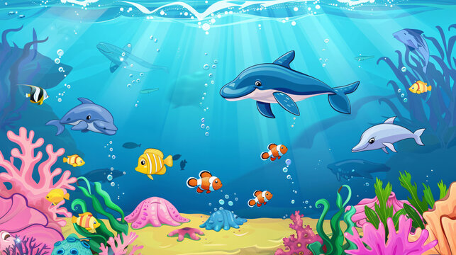 Scene with sea animals under the ocean illustration