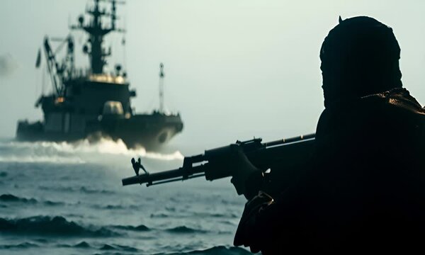 Armed person in traditional headscarf watching a military ship. The concept of a naval military conflict.