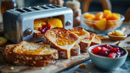 wholesome breakfast with a modern toaster toasting slices of honey oat bread, paired with fresh fruit compote