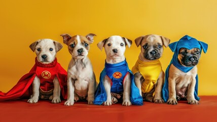 Five dogs in superhero capes sitting in a row - A whimsical image featuring five dogs dressed as superheroes with vibrant capes against a yellow background, bringing a sense of fun and heroism