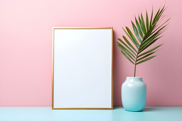 golden frame with white field for design on pink background with tropical petal, generated by AI. 3D illustration