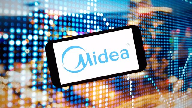 Konskie, Poland - March 02, 2024: Midea company logo displayed on mobile phone screen