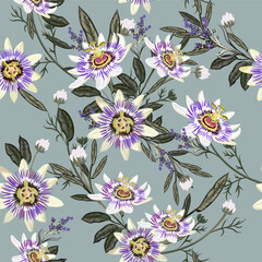 Fashion vector seamless pattern with hand drawn passionflowers in vintage style - 749444523