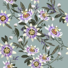 Fotobehang Fashion vector seamless pattern with hand drawn passionflowers in vintage style © Mary fleur