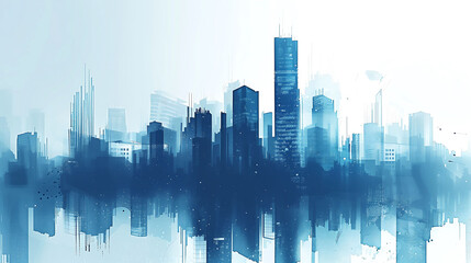 Blue Urban Skyline with Abstract Cityscape and Skyscrapers, Illustration Business District Design