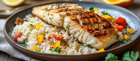 This close-up shot showcases a plate of delicious grilled fish paired with a serving of fluffy rice. The focus is on the perfectly cooked fish and fluffy rice, creating a mouth-watering fusion of