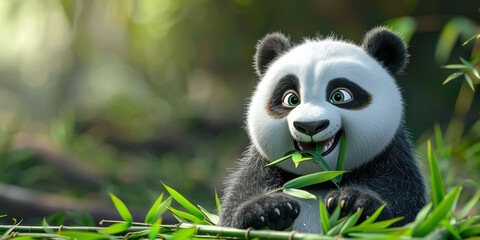 Fototapeta premium Cute panda bear enjoying a peaceful moment while snacking on fresh bamboo in lush green grass