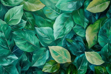 Green leaves in spring. Nature background acrylic painting. Generative AI.