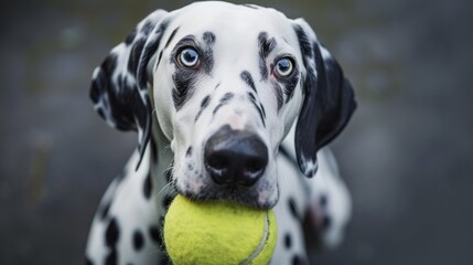 Close-up of an attentive Dalmatian dog with striking blue eyes, eagerly holding a yellow tennis ball, exemplifying focus and playfulness in an outdoor setting.