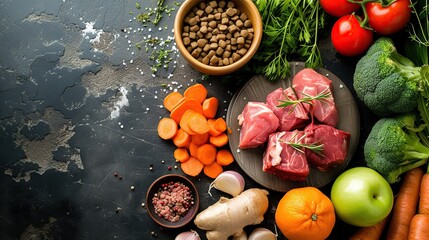A culinary spread of raw meat chunks and sliced vegetables, meticulously arranged on a slate for a wholesome pet meal, set against a dark backdrop to enhance the natural colors.