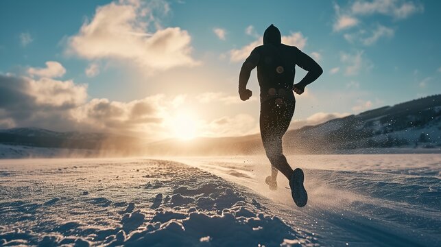 The image captures a solitary runner against a snowy backdrop at sunset, highlighting the beauty of outdoor sports and the solitude of the challenge.