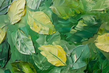 Green leaves in spring. Nature background acrylic painting. Generative AI.