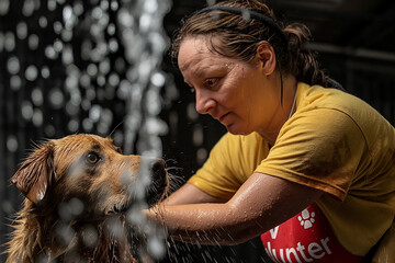 middle-aged woman wearing a volunteer shirt, washing a dog in a dog shelter, big splashing