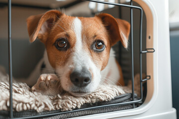 Dog in carrier cage
