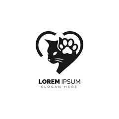 Silhouette of a Cat and Paw Print Inside a Heart-Shaped Logo Design
