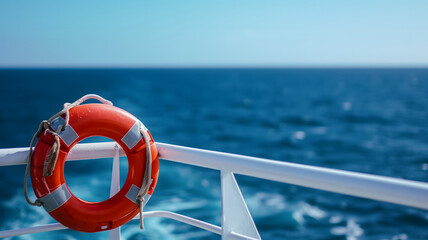 Naklejka premium Lifebuoy attached to a ship's white railing, with the clear blue sea in the background. Neural network generated image. Not based on any actual scene or pattern.