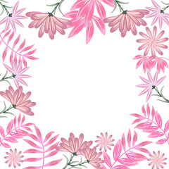 Fototapeta na wymiar Vector frame with abstract pink flowers and leaves on white background for wedding,quotes, Birthday and invitation cards,greeting cards, print, blogs.