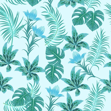 Seamless vector pattern with tropical palm leaves and flowers. Floral decorative illustration