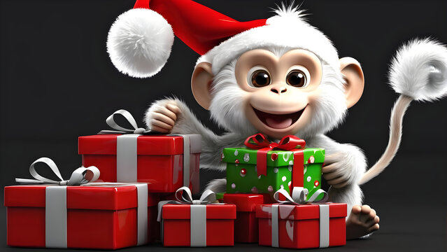 Christmas image of a white cute monkey holding gift boxes on black background.