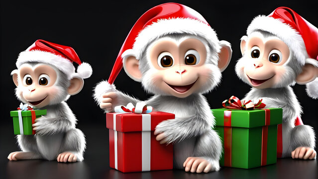 Christmas image of a white cute monkey holding gift boxes on black background.