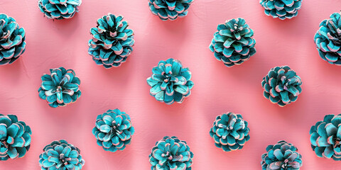 Fototapeta premium Bright and colorful pine cones arranged in a geometric pattern on a vibrant pink background